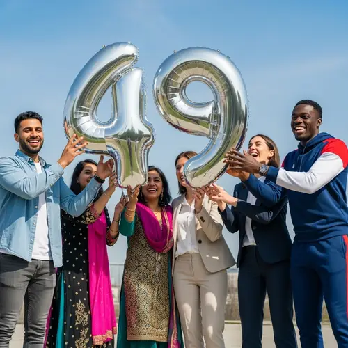 Diverse Group Celebrating with Number 49 Balloon