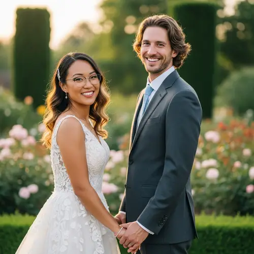 Asian Descent Newlywed Couple Standing Together | Wedding Photo