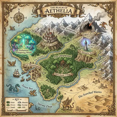 Fantasy Dungeons & Dragons Map with Landscapes and Settlements