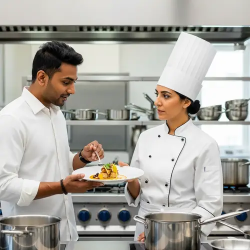 Culinary Exchange: Male Presenting Gourmet Food to Female Chef
