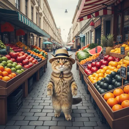 Adorable Cat in Stylish Hat Buying Fresh Fruits