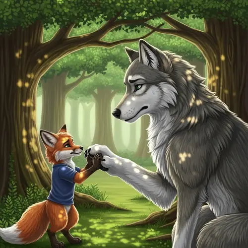 Anthropomorphic Fox and Wolf Sharing a Peaceful Moment in the Forest