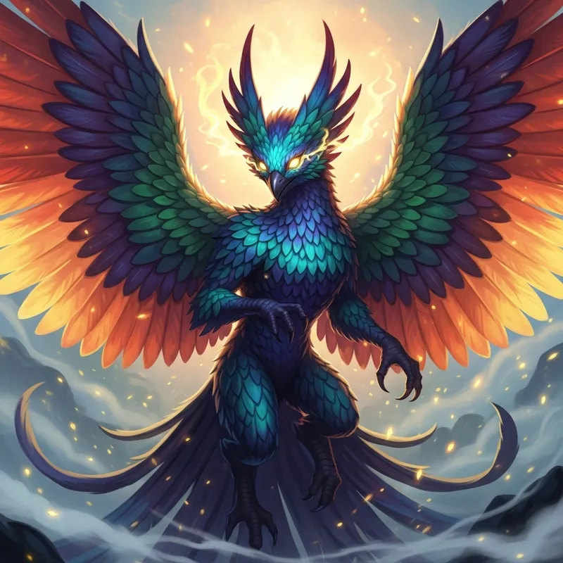 Majestic Mystical Creature: Vibrant Feathers, Glowing Eyes