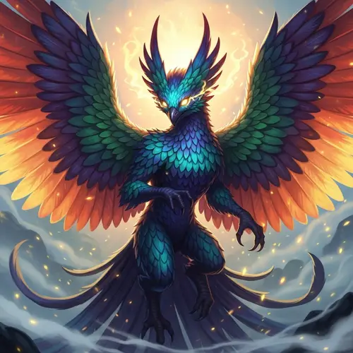 Mystical Creature: Vibrant Feathers, Glowing Eyes - Fantasy Illustration