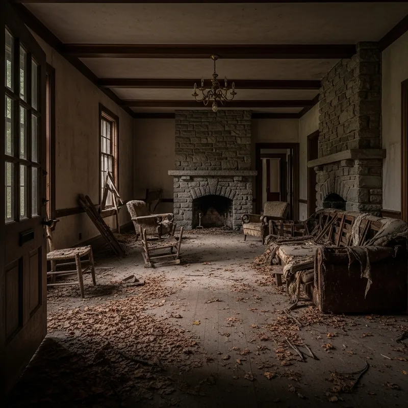 Isolated Abandoned House Interior | Stone Fireplace & Decayed Relics