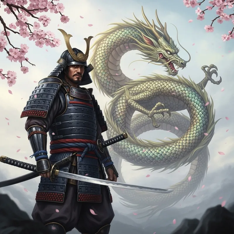 Samurai Warrior with Dragon - A Scene of Ancient Power and Wisdom