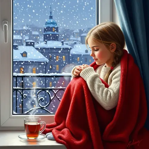 Charming Winter Scene: Girl by Window with Tea and Snowfall