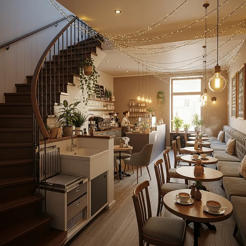 Cozy Cafe with Staircase and Grill Sink