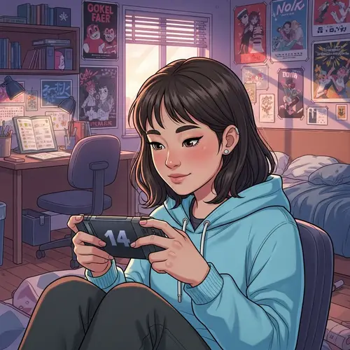 Teenage Girl Playing Handheld Video Game in Colorful Room