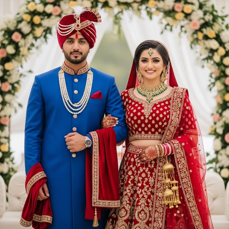 Exquisite South Asian Bride and Groom Wedding Attire