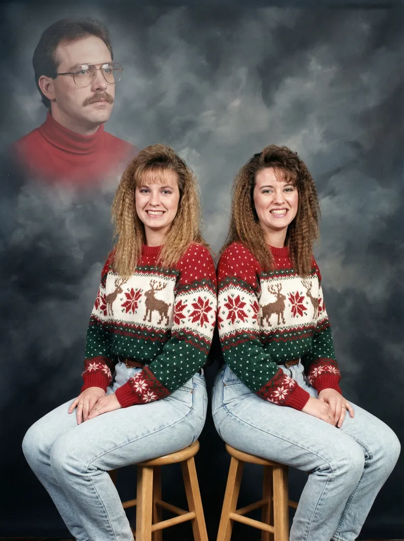 Awkward 1990s Vintage Photo with Christmas Sweaters Awkward 1990s Vintage Photo with Christmas Sweaters