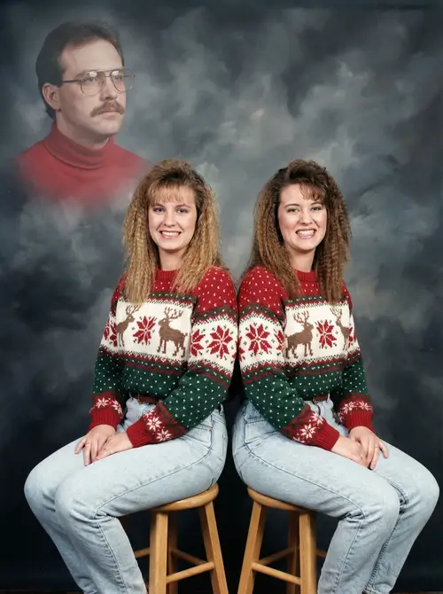 Awkward 1990s Vintage Photo with Christmas Sweaters