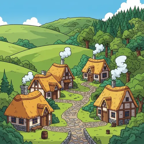 Quaint Village in Vibrant Nature | Storybook Cartoon Scene