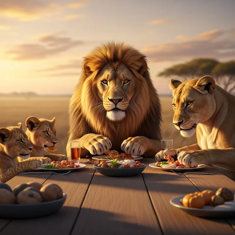 Lion Family Dining Together: Captivating Savannah Setting Lion Family Dining Together: Captivating Savannah Setting