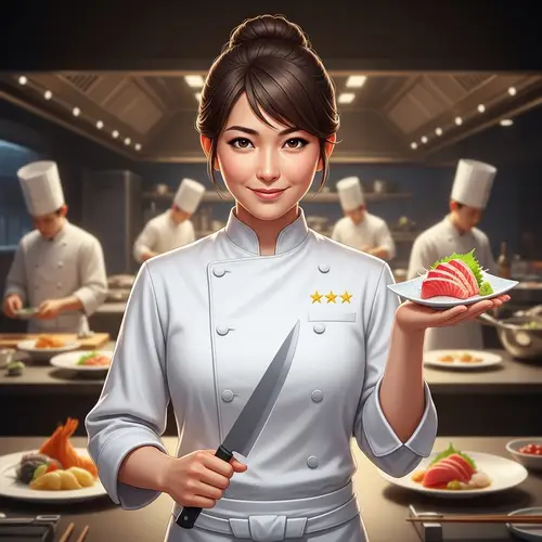 Five-Star Michelin Head Chef: Asian Woman with Sashimi