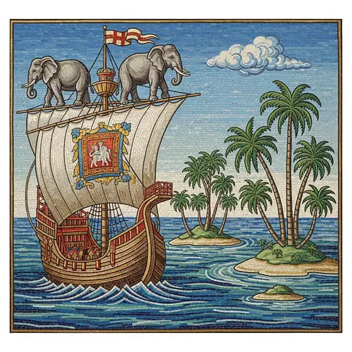 Medieval Ship Mosaic Sailing to Tropical Islands with Elephants