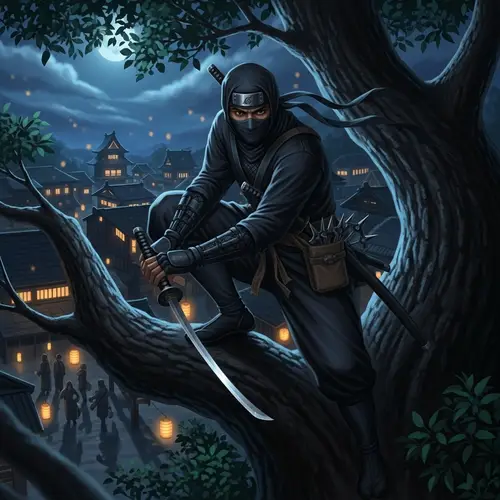 South Asian Male Ninja Stealthy Maneuver on Moonlit Night