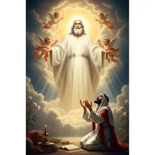 Divine Revelation: Humble Man in Prayer to Radiant God