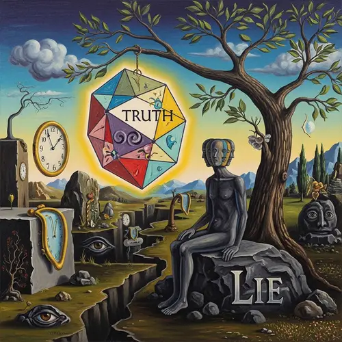 Surrealist Scene Depicting Truth and Lie Encounter