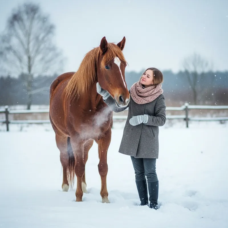 Young Woman Riding Horse in Snowy Field