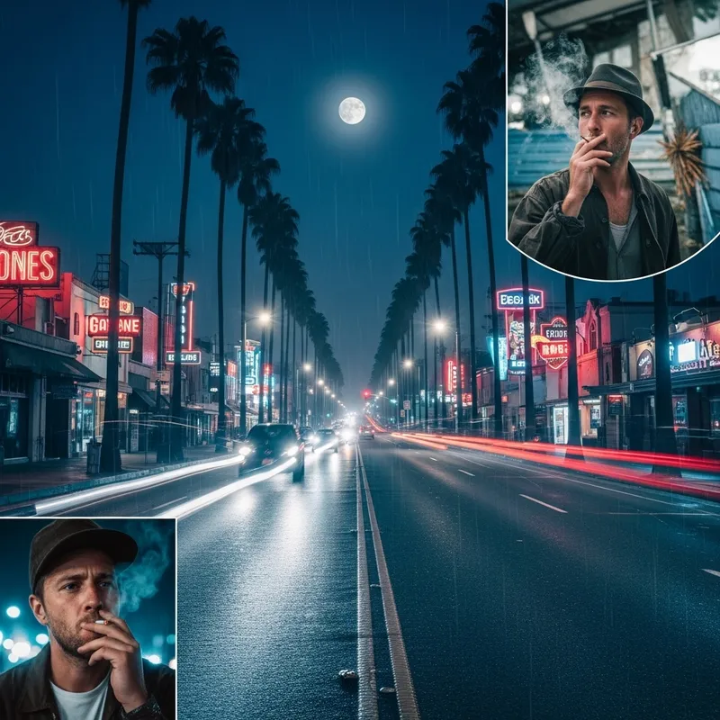 Night Scene with Man Smoking, Moonlight, Neon Lights, and Palm Trees