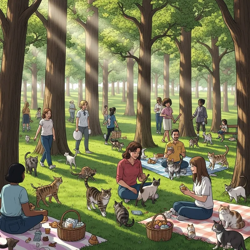 Humans and Cats Harmoniously Coexisting in Park Scene