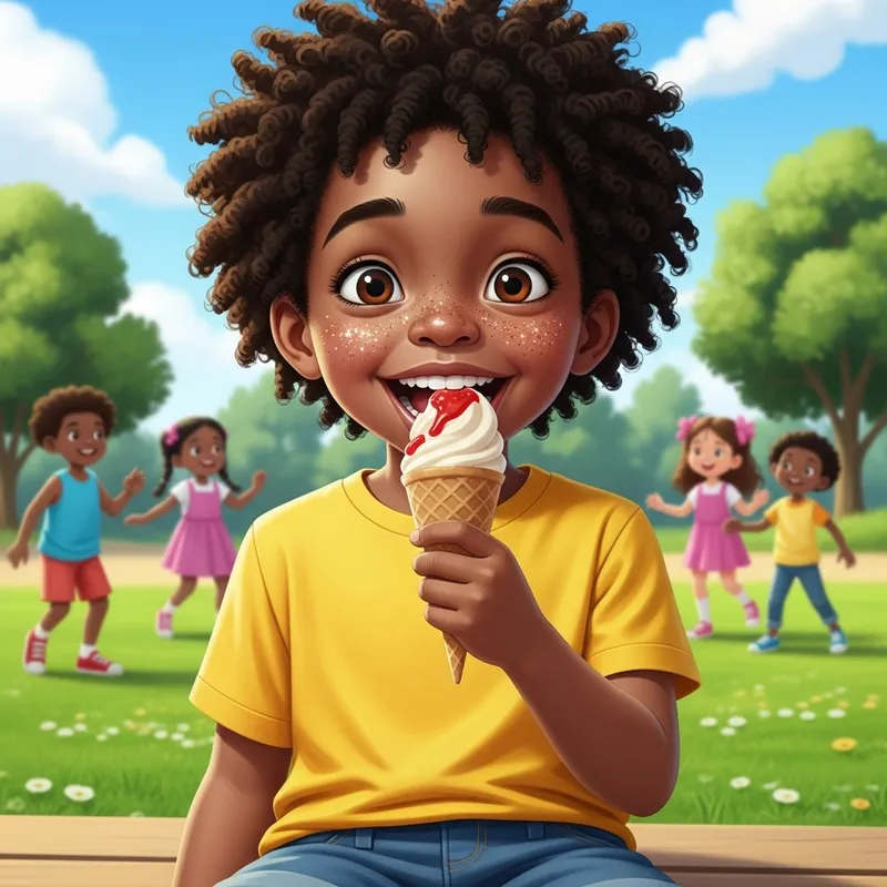 Cheerful Black Boy Eating Ice Cream | Youthful Portrait