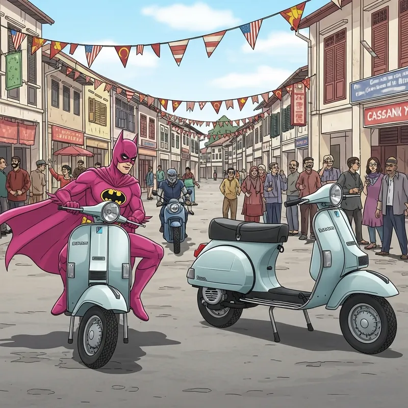 Batman on Pink Vespa in Malaysian Town Party Scene