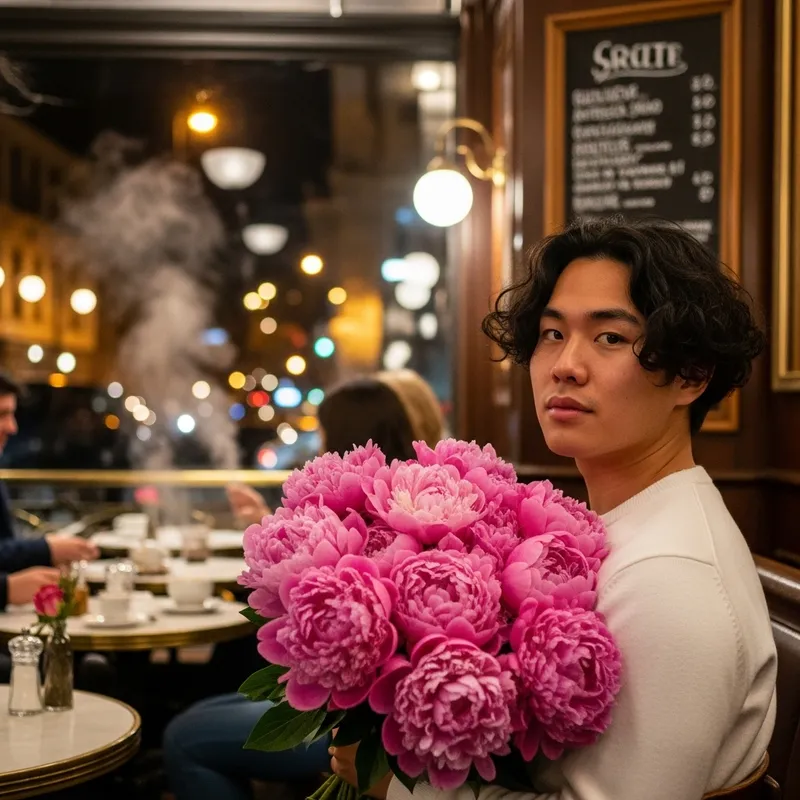 Kim Taehyung in White Sweater with Pink Peonies in Urban Cafe