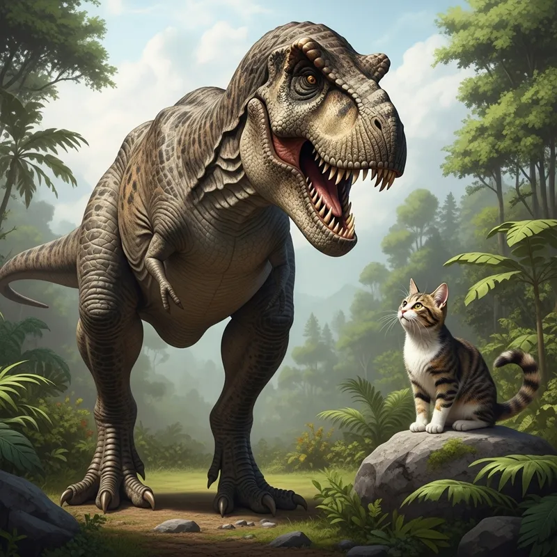 T-Rex and Cat Meeting in Ancient Jungle