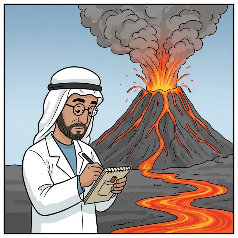 Child-Friendly Scientist At Volcano - Cartoon Panel