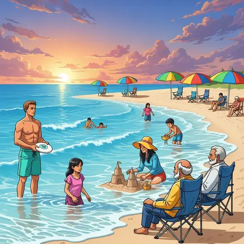 Tranquil Beach Scene with Colorful Umbrellas and Diverse Visitors