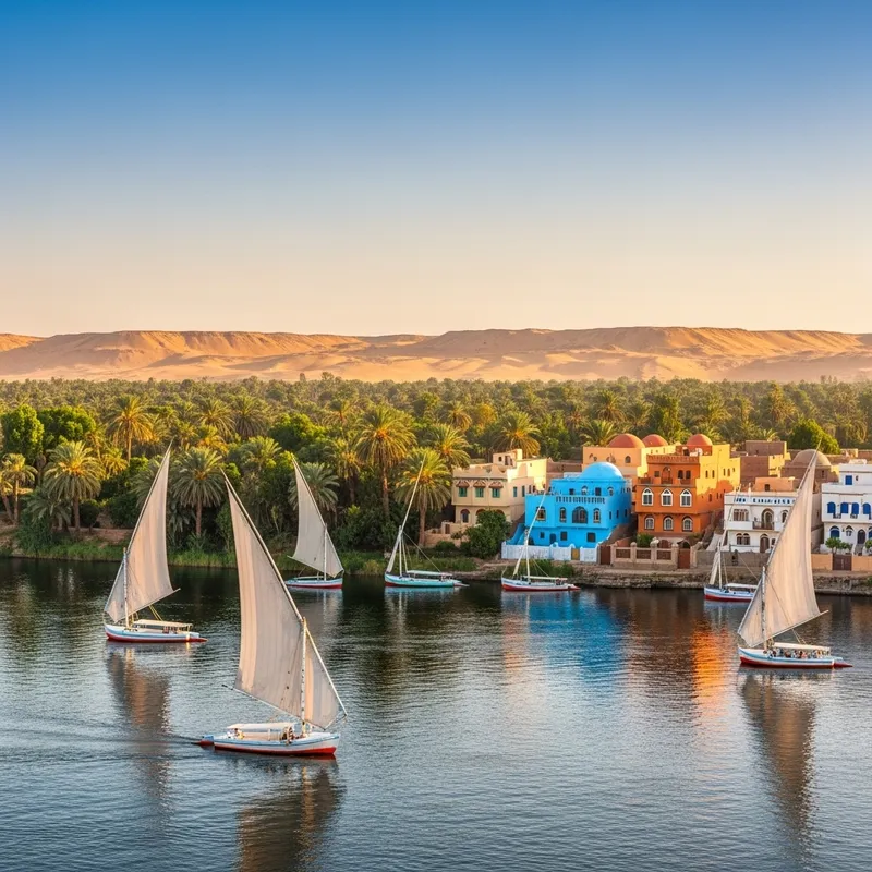 River Nile Scene with Sailboats, Palm Trees & Nubian Houses