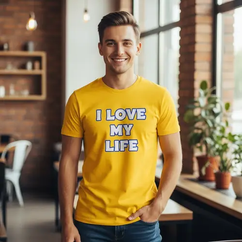 Happy Young Man in 'I Love My Life' T-shirt