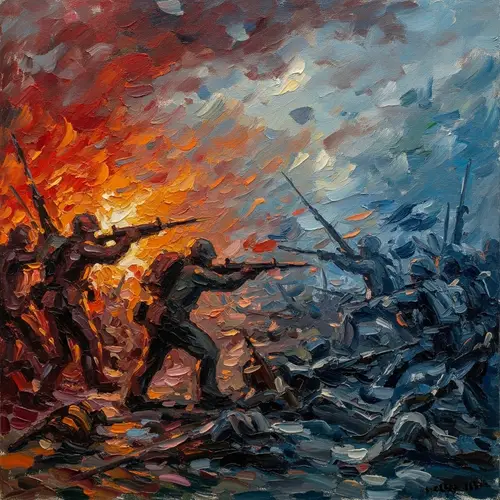 Abstract Impressionistic War Scene: Chaos and Struggle Depicted