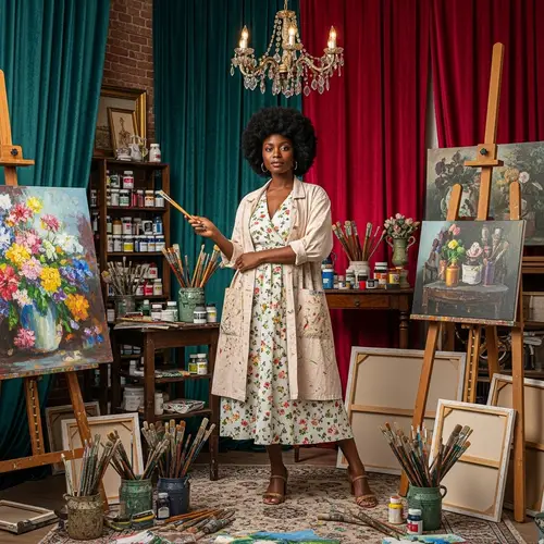 Black Woman Artistically Glamorous in Art Studio