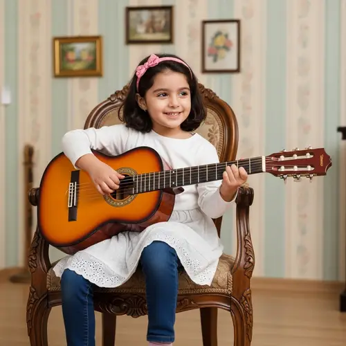 Small Girl Playing Guitar in a Cozy Room