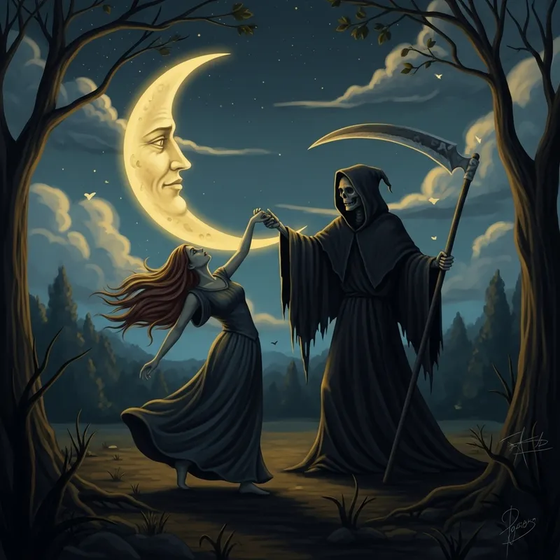 Grim Reaper and Ethereal Figure Dance under Moonlight | Surrealist Masterpiece
