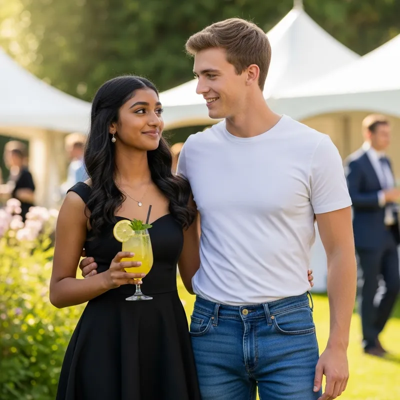 Fashionable Teenage Girl in Black Dress Enjoying Lemonade Outdoors