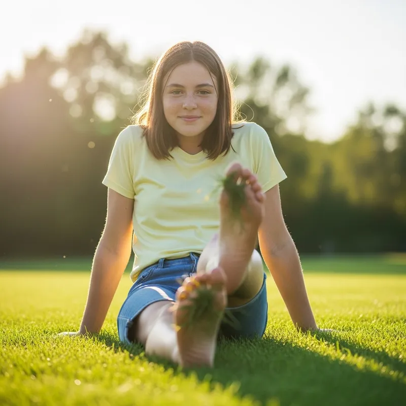 Freckled Teenage Girl Sitting on Grass Playfully Kicking Bare Feet Freckled Teenage Girl Sitting on Grass Playfully Kicking Bare Feet