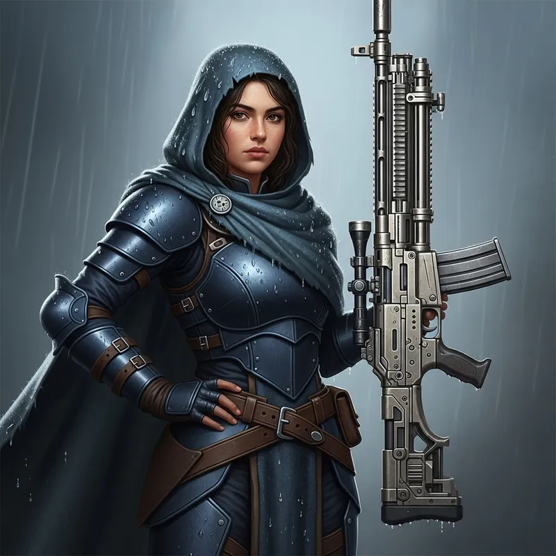 Girl in Dark Blue Leather Armor with Huge Rifle Girl in Dark Blue Leather Armor with Huge Rifle