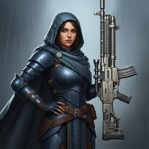 Hispanic Woman in Dark Blue Leather Armor with Colossal Rifle