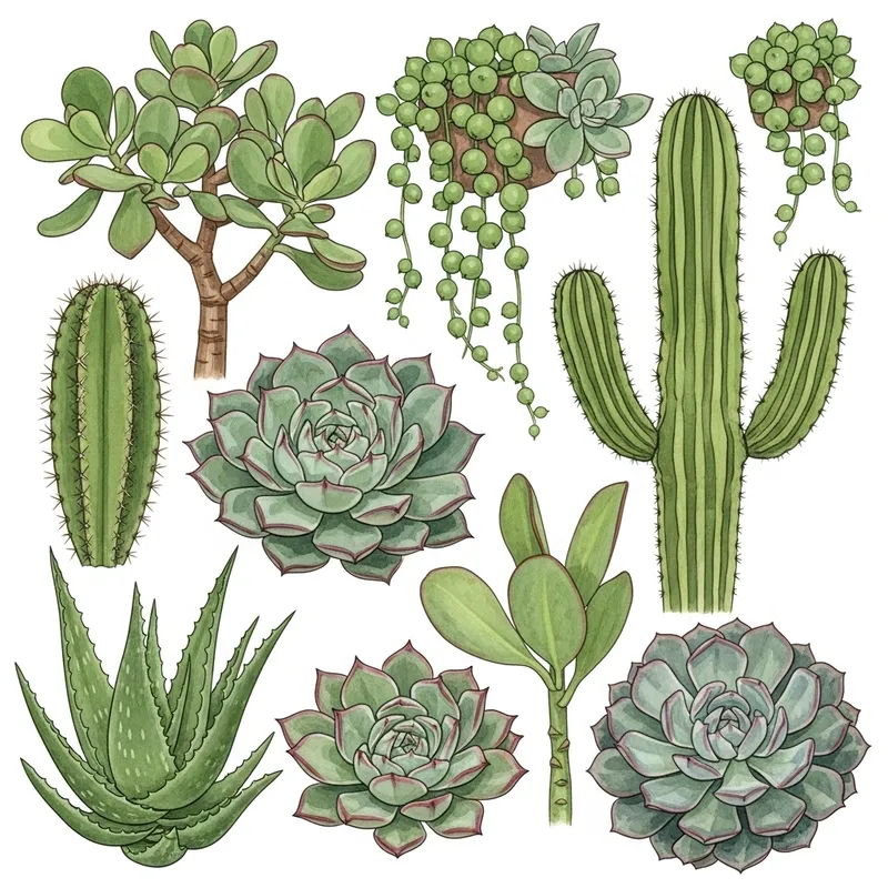 Detailed Watercolor Painting of Succulent Plants