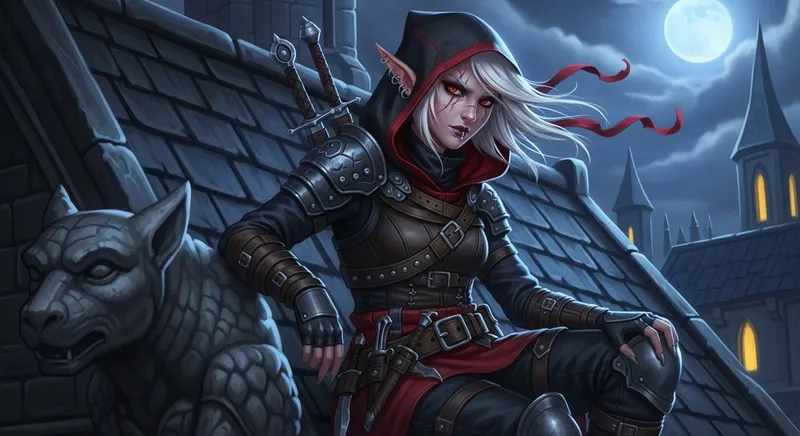 Moonlit Half-Elf Rogue on Rooftop | Northern City Character Art