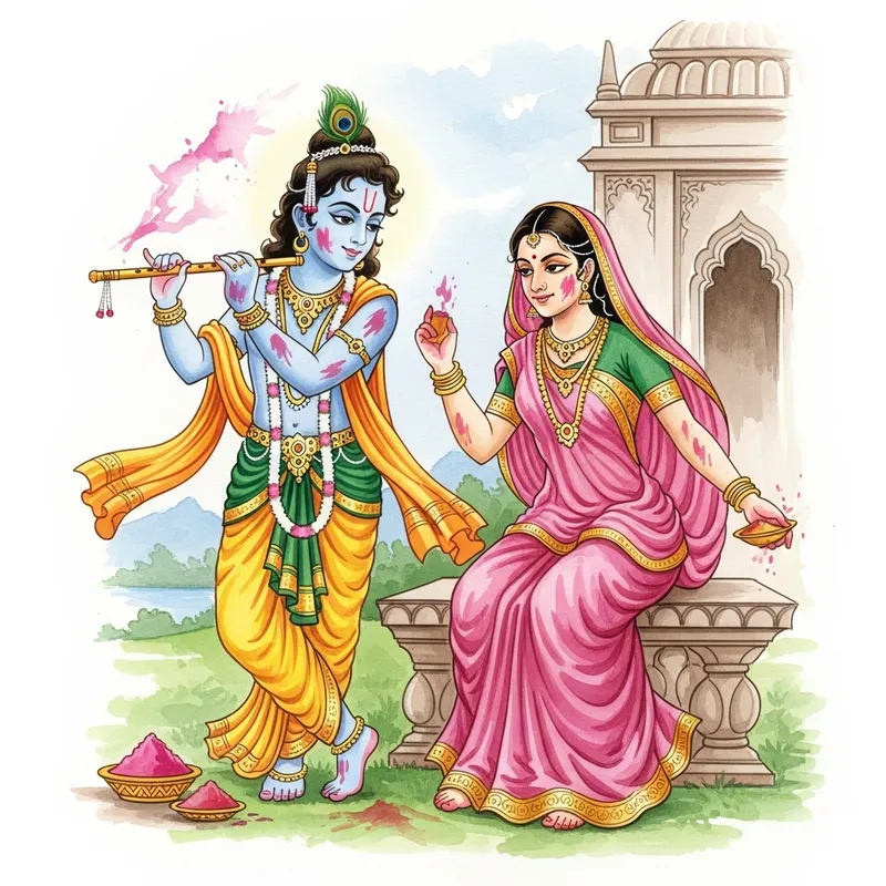 Lord Krishna & Radha Playing Holi in Vrindaban - Watercolor Art Lord Krishna & Radha Playing Holi in Vrindaban - Watercolor Art