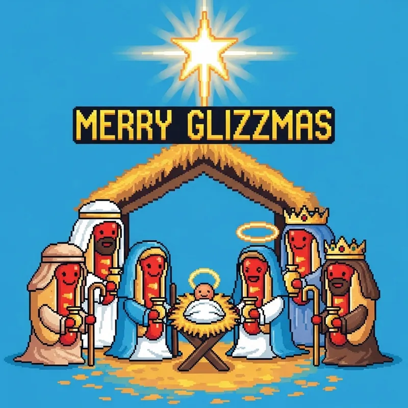 Playful Pixel-Art Nativity Scene with Hotdog Characters | Merry Glizzmas Theme