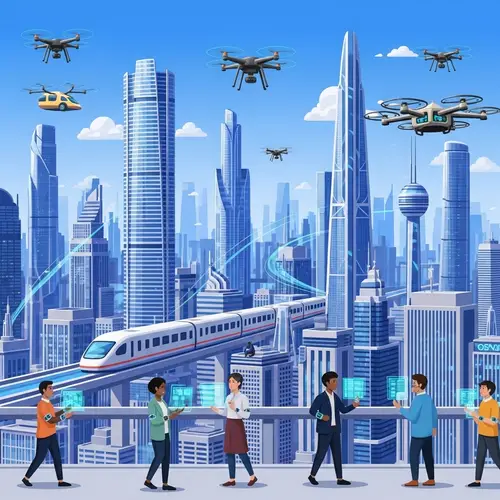 Futuristic Cityscape with High-Tech Transportation Methods
