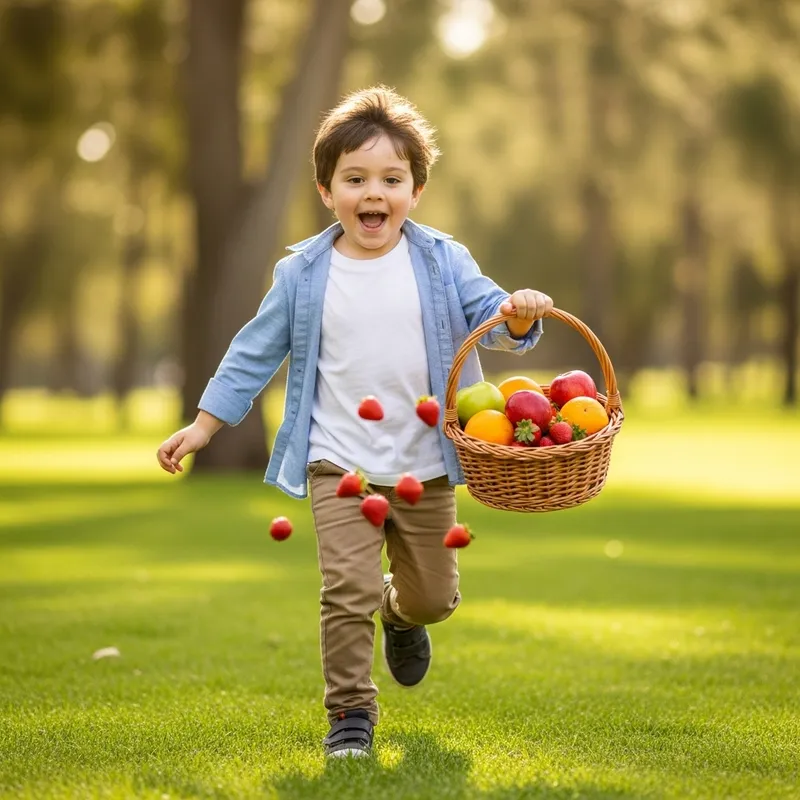 Boy Running with Fresh Fruits