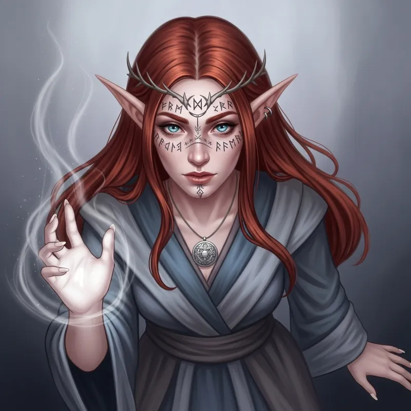Mystical Red-Haired Eladrin Moon Sorceress Artwork Mystical Red-Haired Eladrin Moon Sorceress Artwork