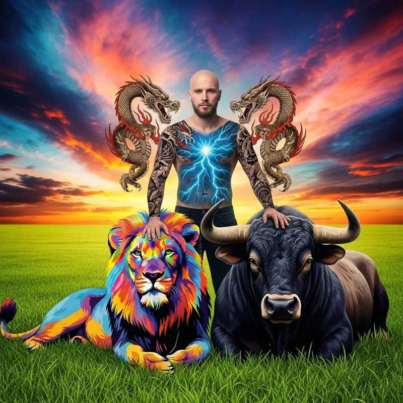 Peaceful Scene: Lion, Bull & Dragon Tattooed Man